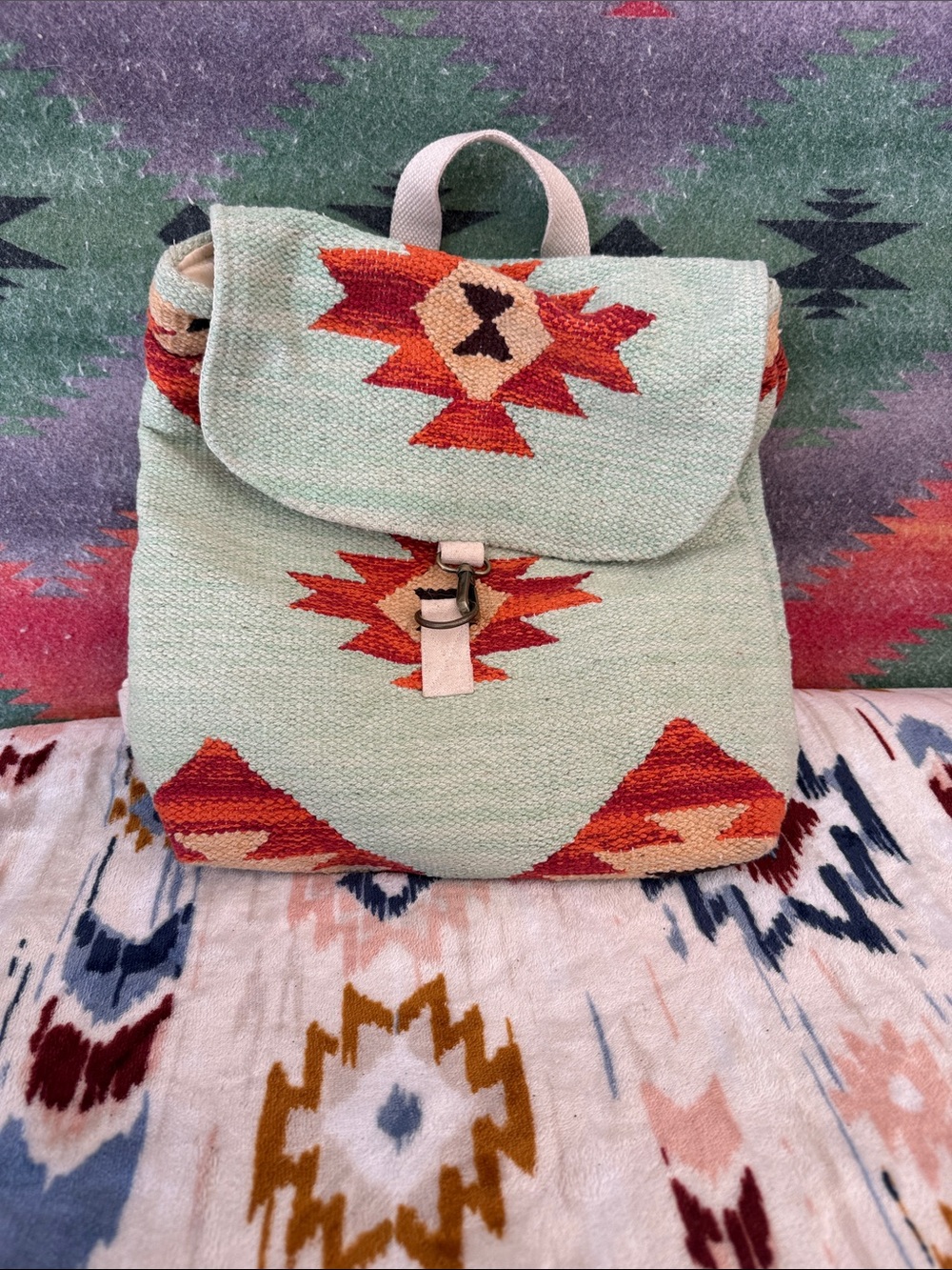 Mint Aztec-Pattern Woven Backpack with Rust Accents